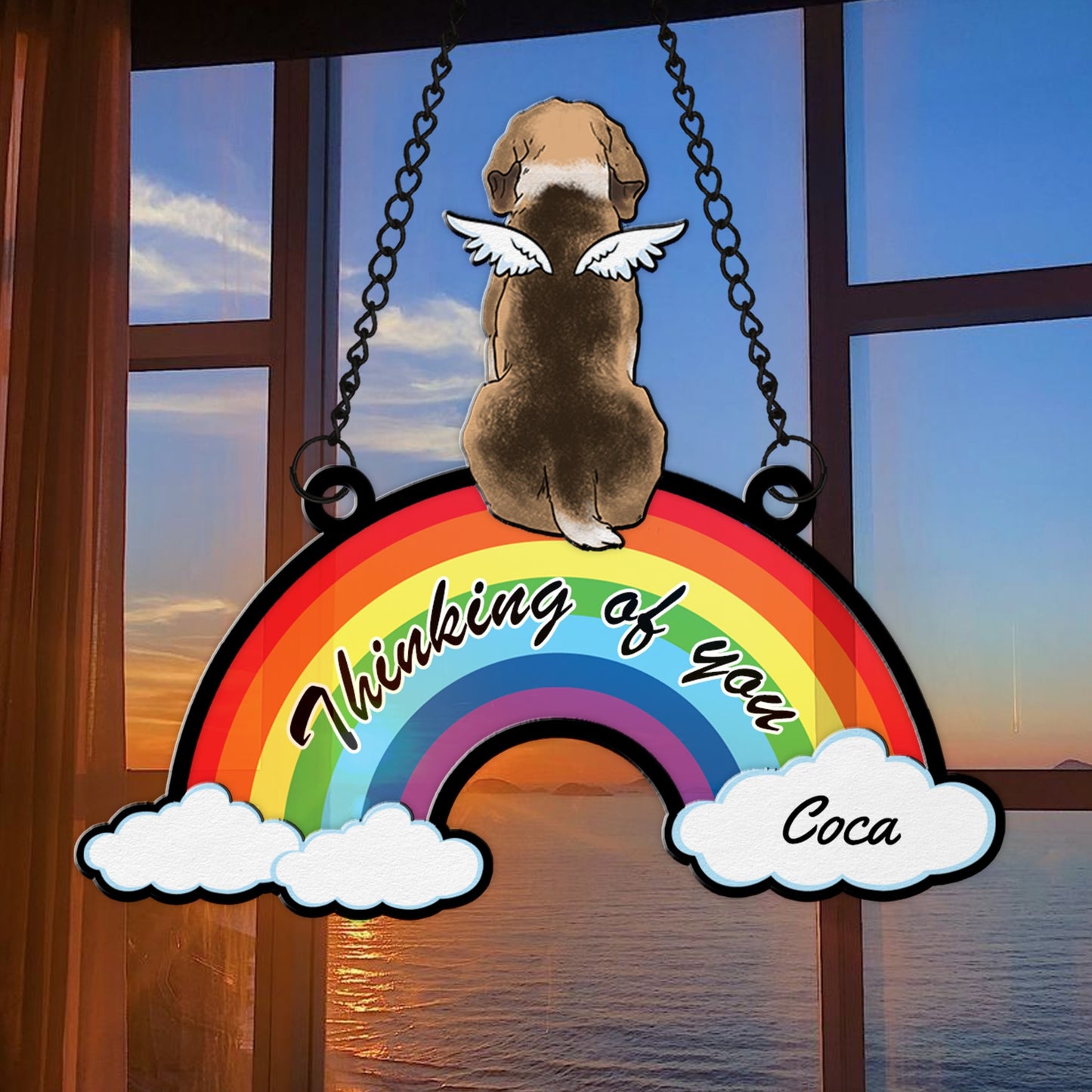 Personalized Funny Dog With Rainbow Bridge Thinking Of You Hanging Suncatcher Ornament