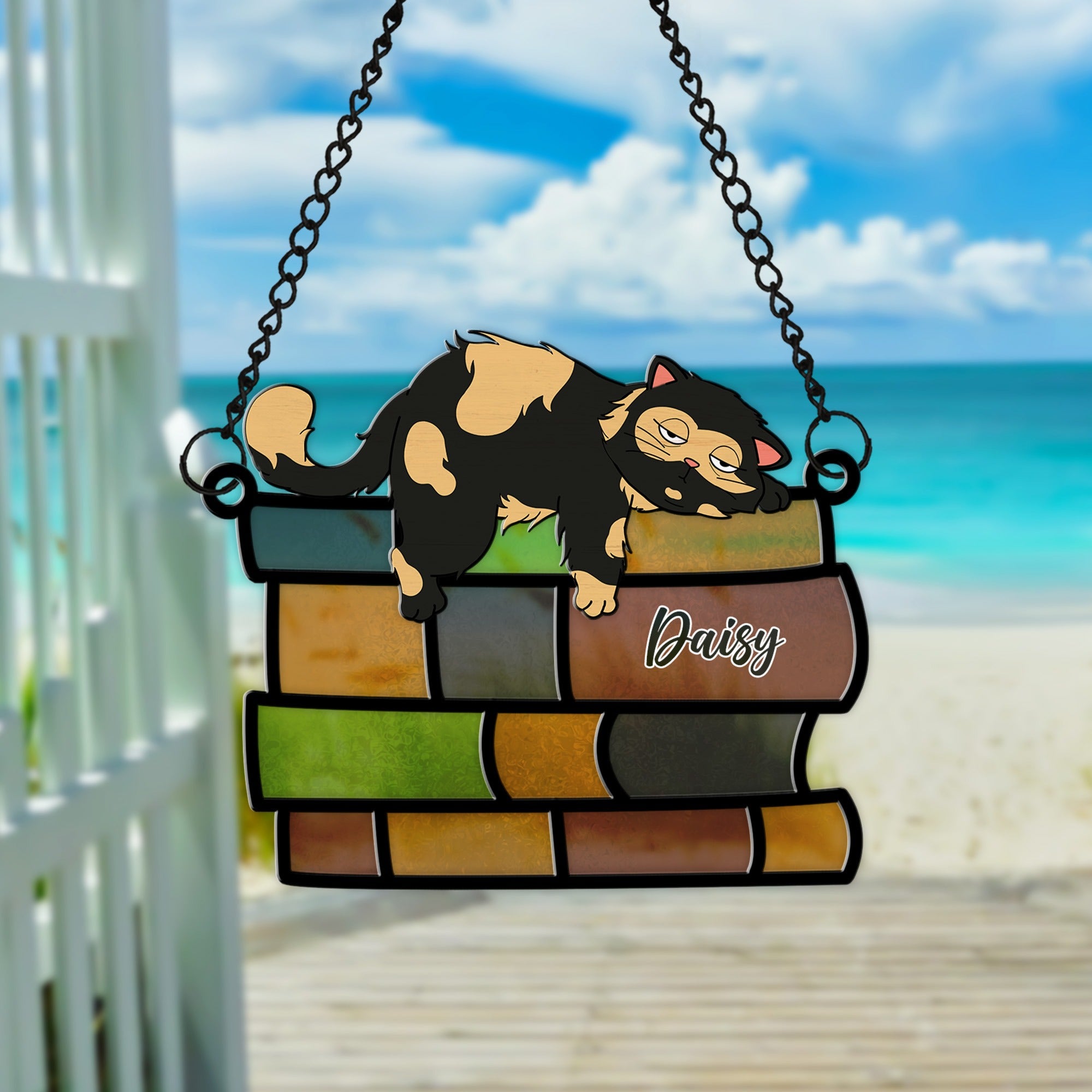 Personalized Lazy Cat Sleeping On Pile Of Books Hanging Suncatcher Ornament