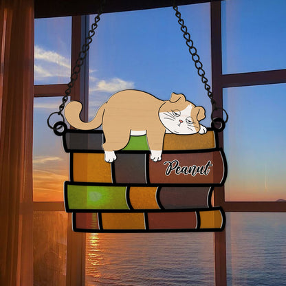 Personalized Lazy Cat Sleeping On Pile Of Books Hanging Suncatcher Ornament