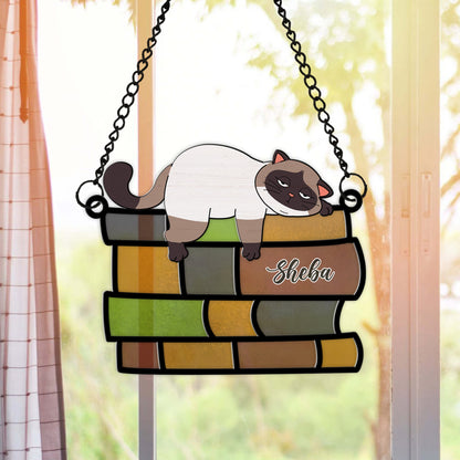 Personalized Lazy Cat Sleeping On Pile Of Books Hanging Suncatcher Ornament