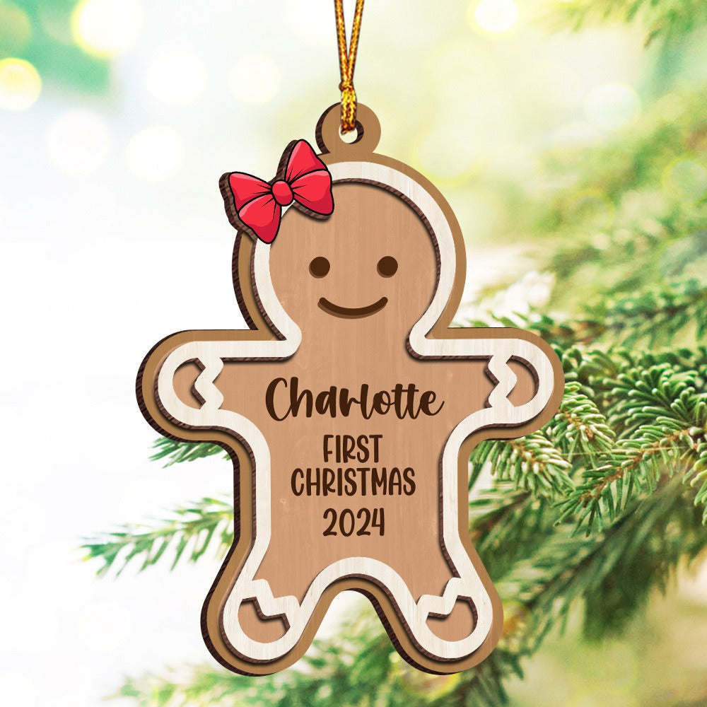 Personalized Gingerbread Baby First Christmas Ornament, Custom Baby Gingerbread 2-Layer Wooden Ornament