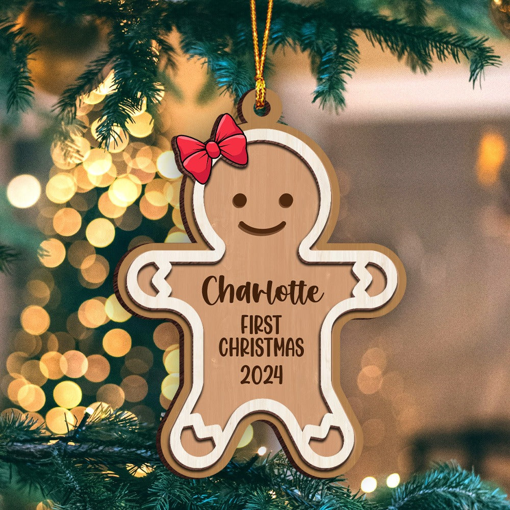 Personalized Gingerbread Baby First Christmas Ornament, Custom Baby Gingerbread 2-Layer Wooden Ornament