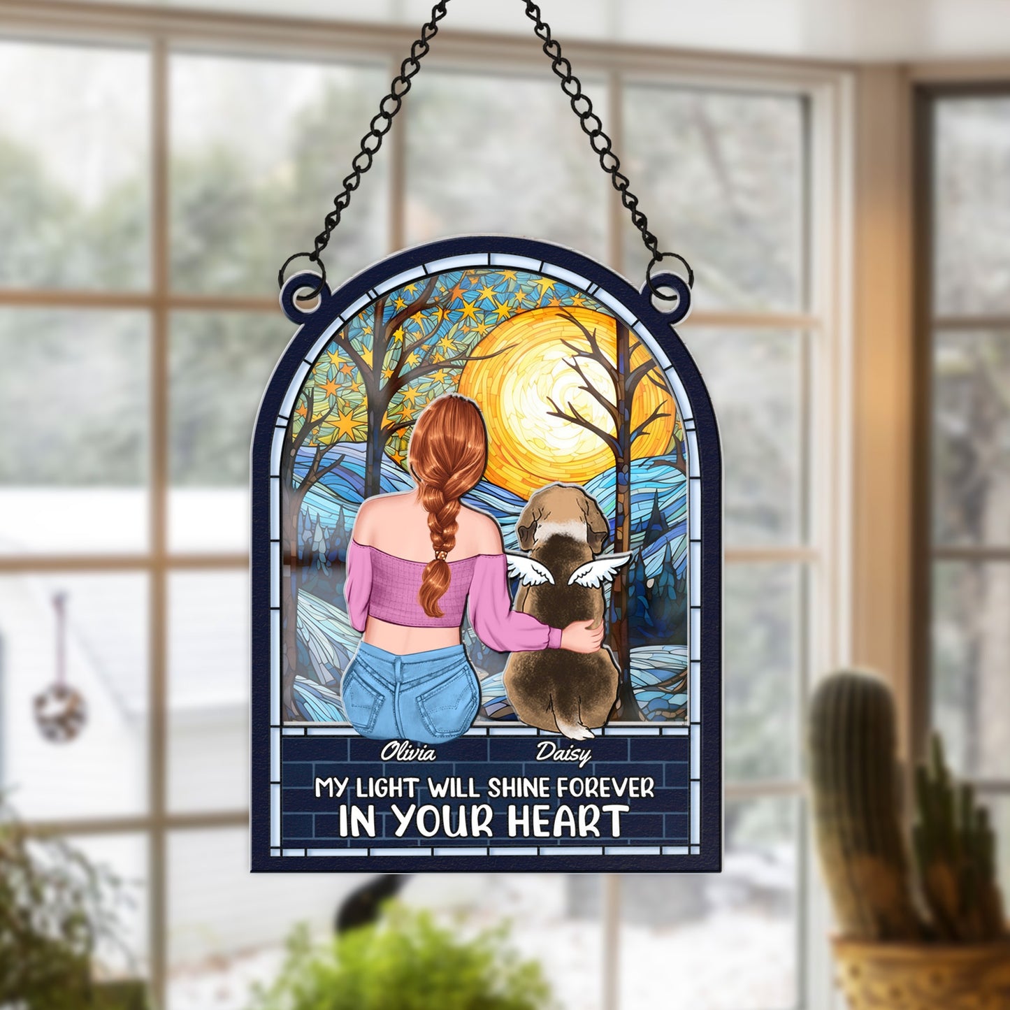 Personalized Girl and Dog Memorial Window, Dog Loss Sympathy Gift Hanging Suncatcher Ornament