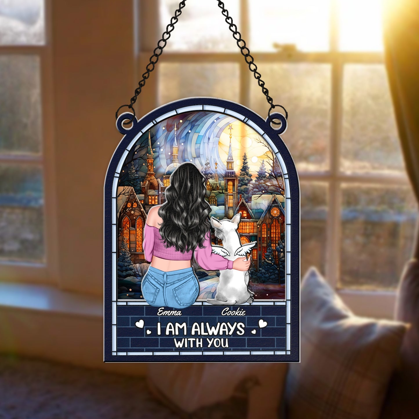 Personalized Girl and Dog Memorial Window, Dog Loss Sympathy Gift Hanging Suncatcher Ornament