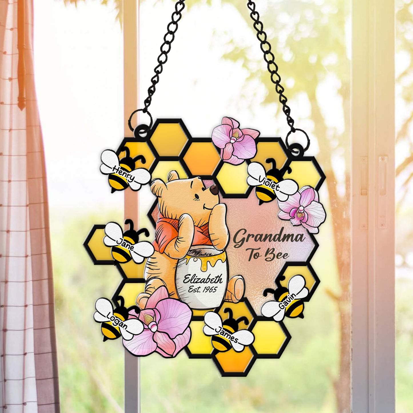 Personalized Grandma Honey Bear, Grandma To Bee Winnie The Pooh Hanging Suncatcher Ornament