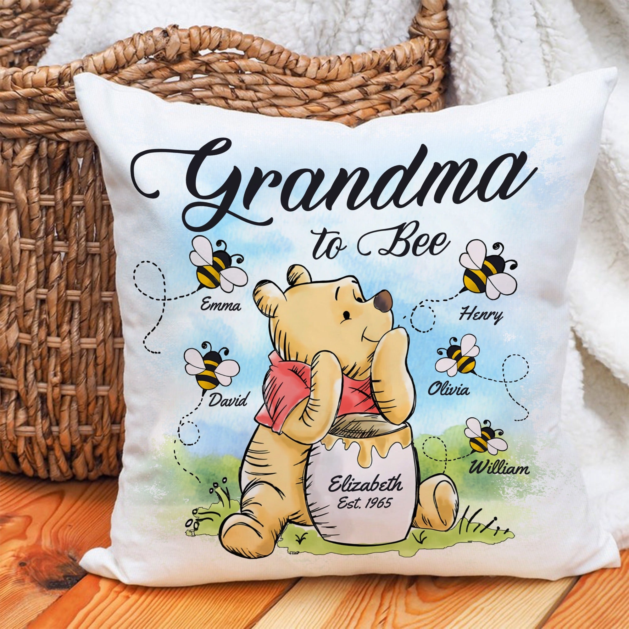 Personalized Grandma Honey Bear, Grandma To Bee Winnie The Pooh Canvas Throw Pillow