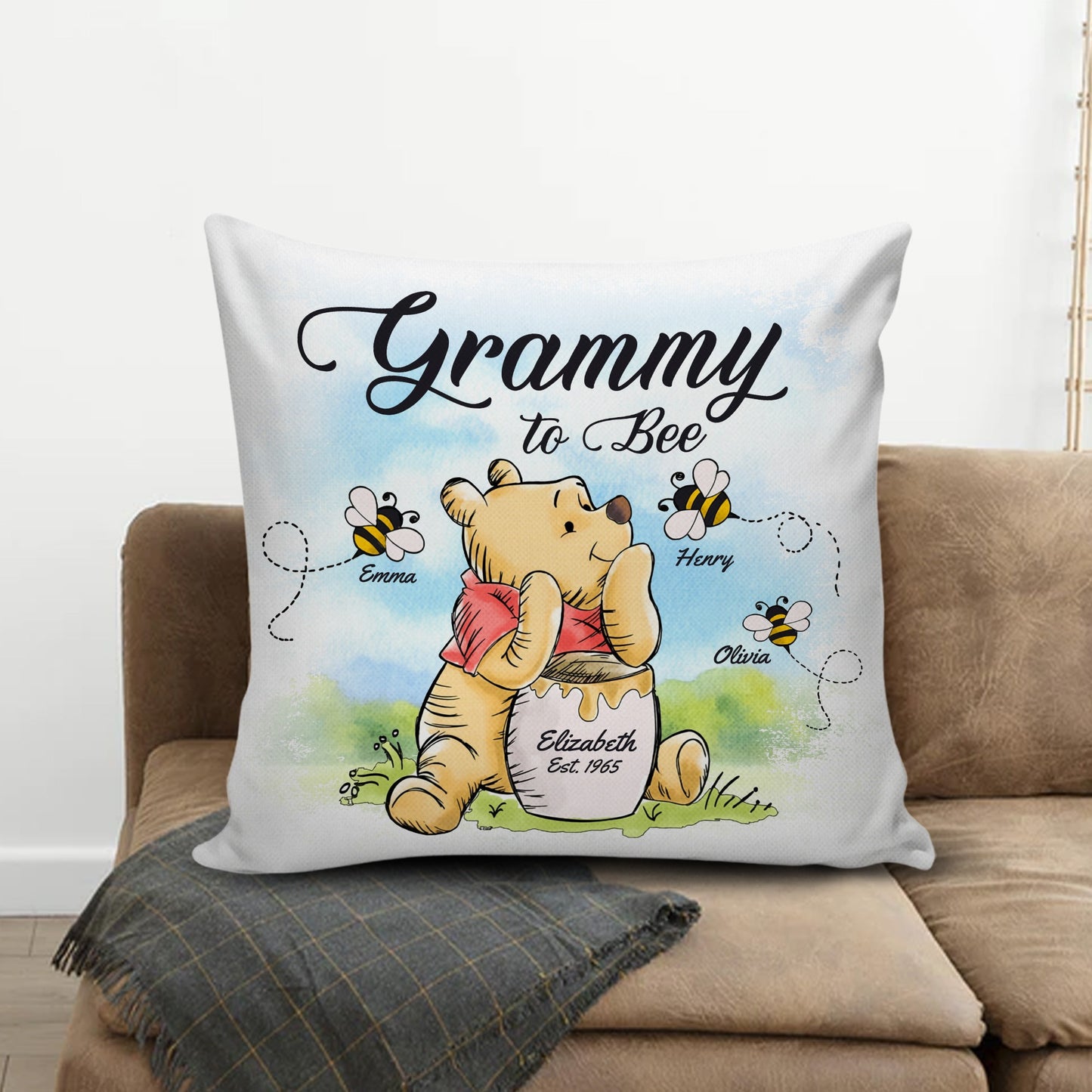 Personalized Grandma Honey Bear, Grandma To Bee Winnie The Pooh Canvas Throw Pillow