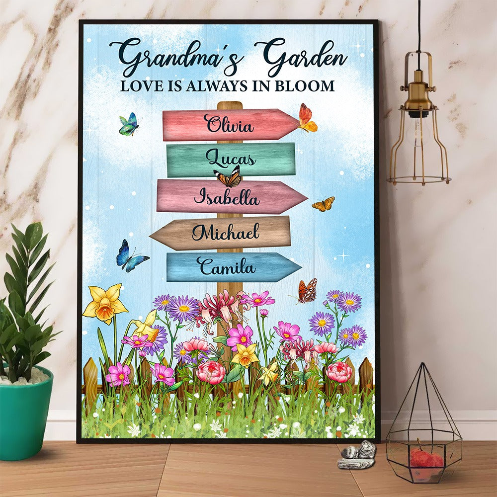 Personalized Grandma's Garden Birth Month Flower Names Sign Love Is Always In Bloom Poster Canvas