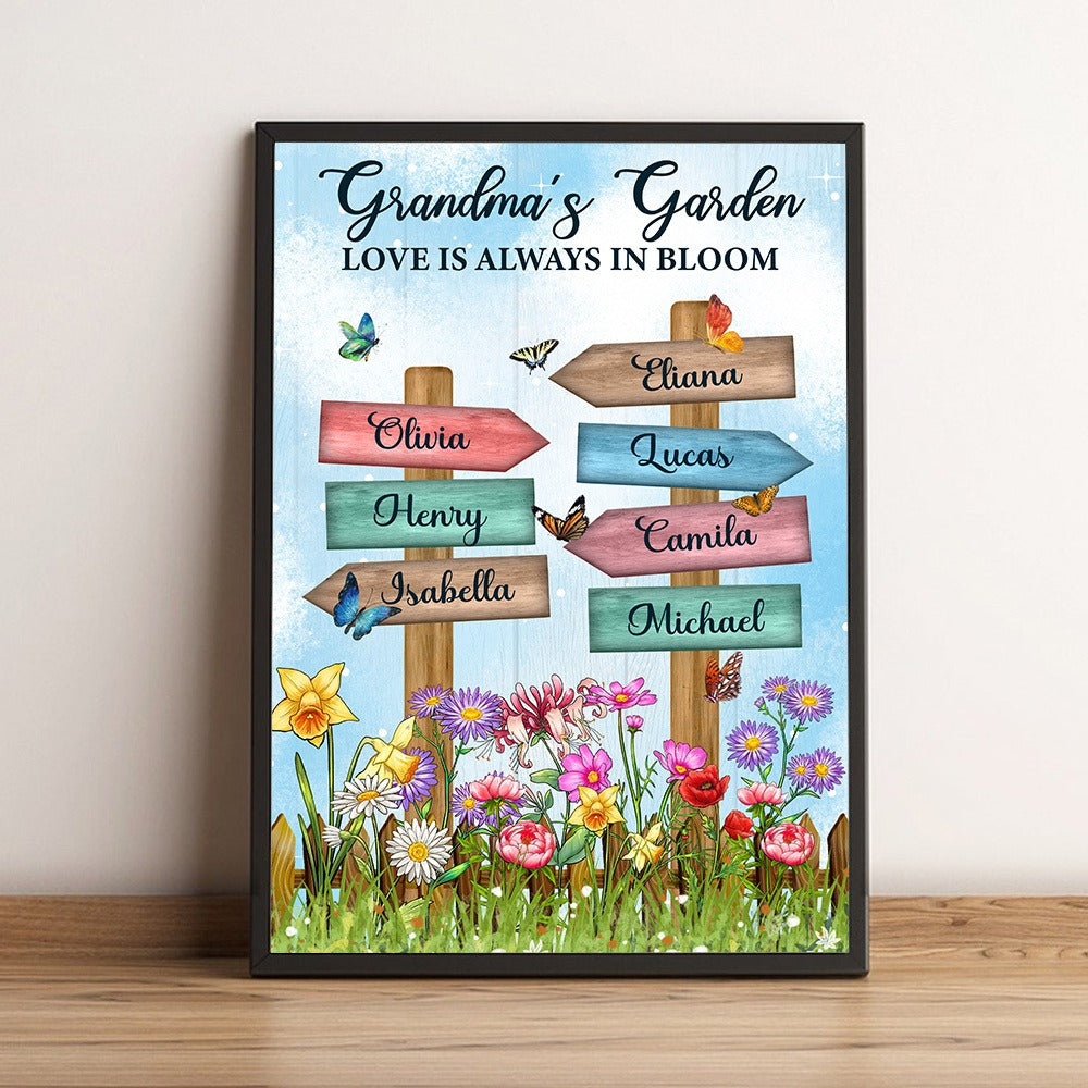 Personalized Grandma's Garden Birth Month Flower Names Sign Love Is Always In Bloom Poster Canvas