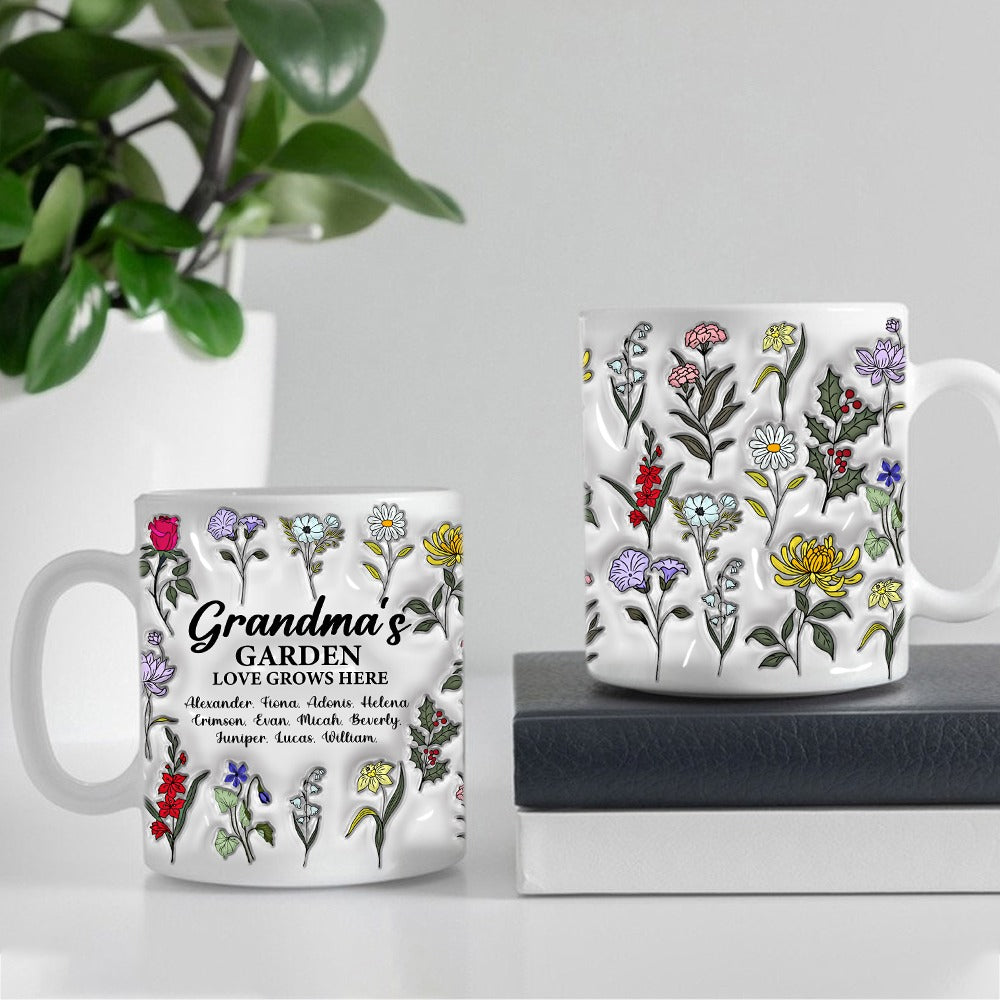 Personalized Grandma's Garden Love Grows Here Flowers In Garden 3D Inflated Effect White Mug