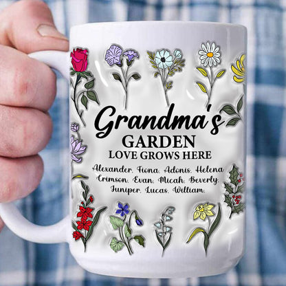 Personalized Grandma's Garden Love Grows Here Flowers In Garden 3D Inflated Effect White Mug