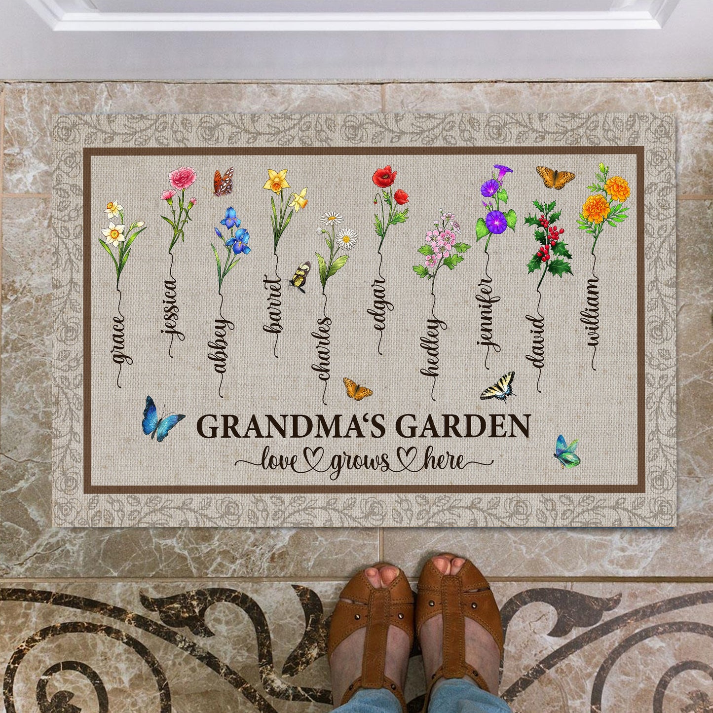 Personalized Grandma's Garden, Custom Birth Month Flower Family Love Grows Here Doormat