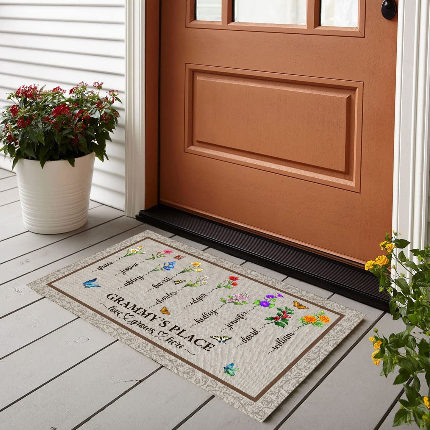 Personalized Grandma's Garden, Custom Birth Month Flower Family Love Grows Here Doormat