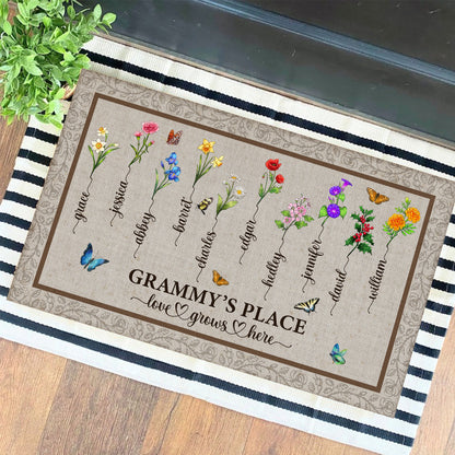 Personalized Grandma's Garden, Custom Birth Month Flower Family Love Grows Here Doormat