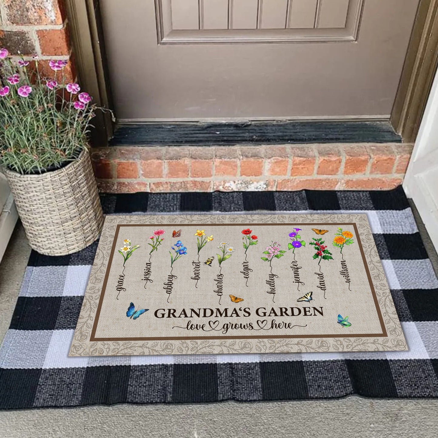 Personalized Grandma's Garden, Custom Birth Month Flower Family Love Grows Here Doormat