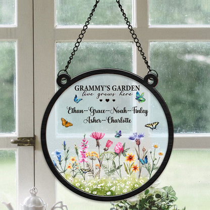 Personalized Grandma's Garden, Custom Birth Month Flower Family Love Grows Here Hanging Suncatcher Ornament