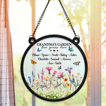 Personalized Grandma's Garden, Custom Birth Month Flower Family Love Grows Here Hanging Suncatcher Ornament