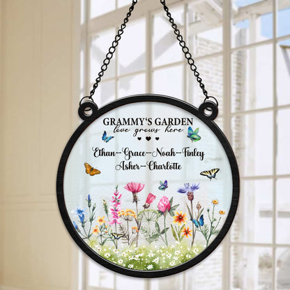 Personalized Grandma's Garden, Custom Birth Month Flower Family Love Grows Here Hanging Suncatcher Ornament