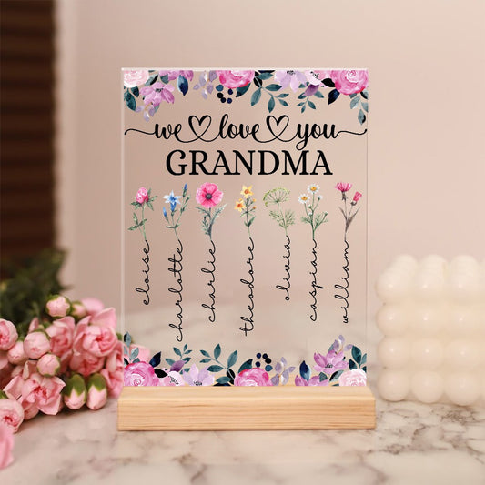 Personalized Grandma's Garden, Custom Family Birth Month Flowers We Love Grandma Acrylic Plaque