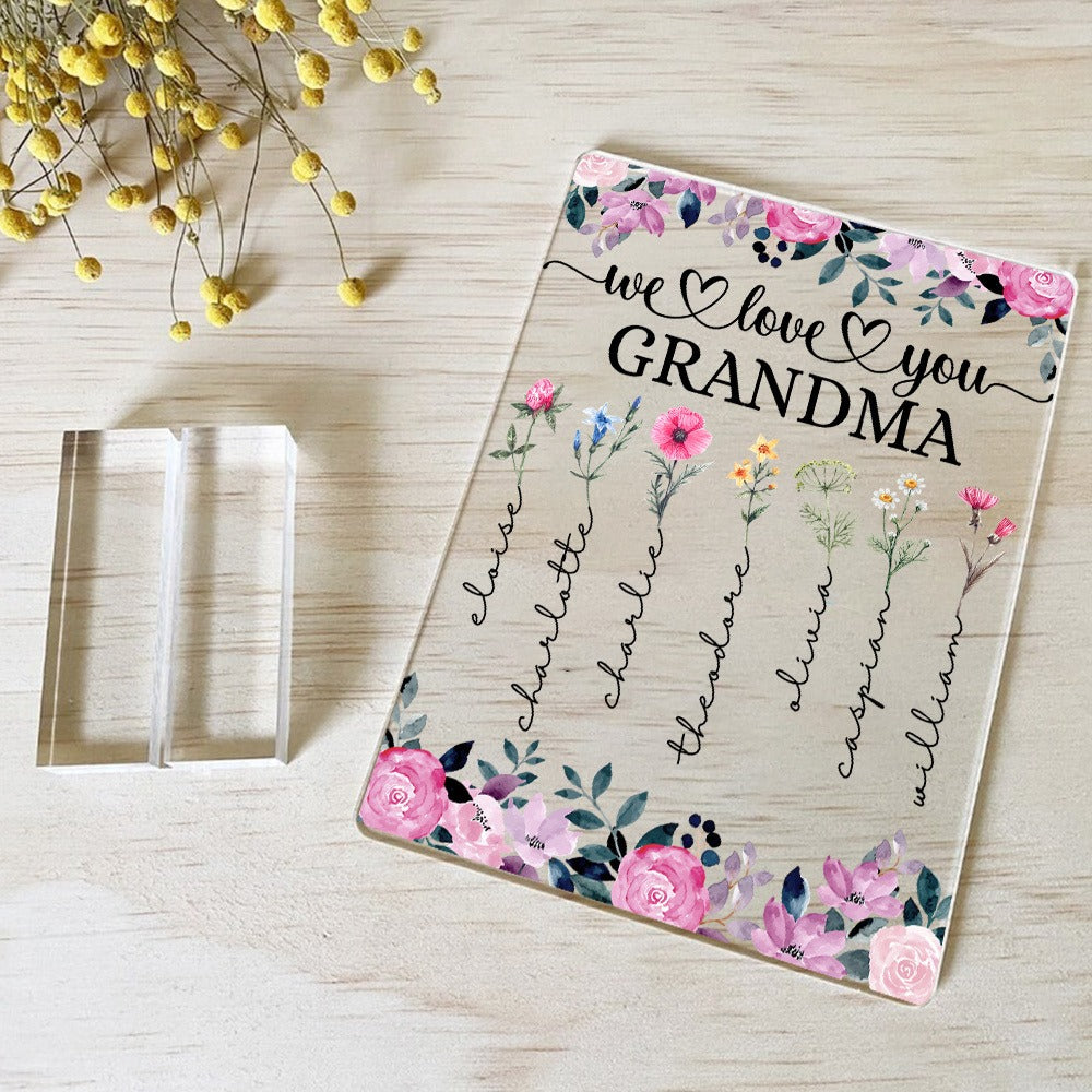 Personalized Grandma's Garden, Custom Family Birth Month Flowers We Love Grandma Acrylic Plaque