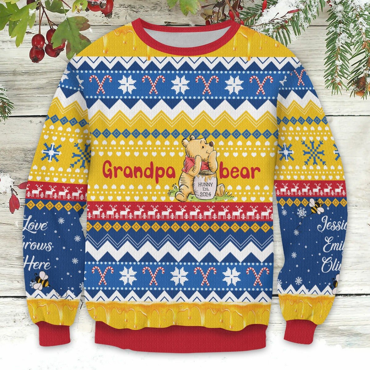 Personalized Grandparents Hunny Bear, Love Grows Here Winnie The Pooh Christmas Ugly Sweatshirt