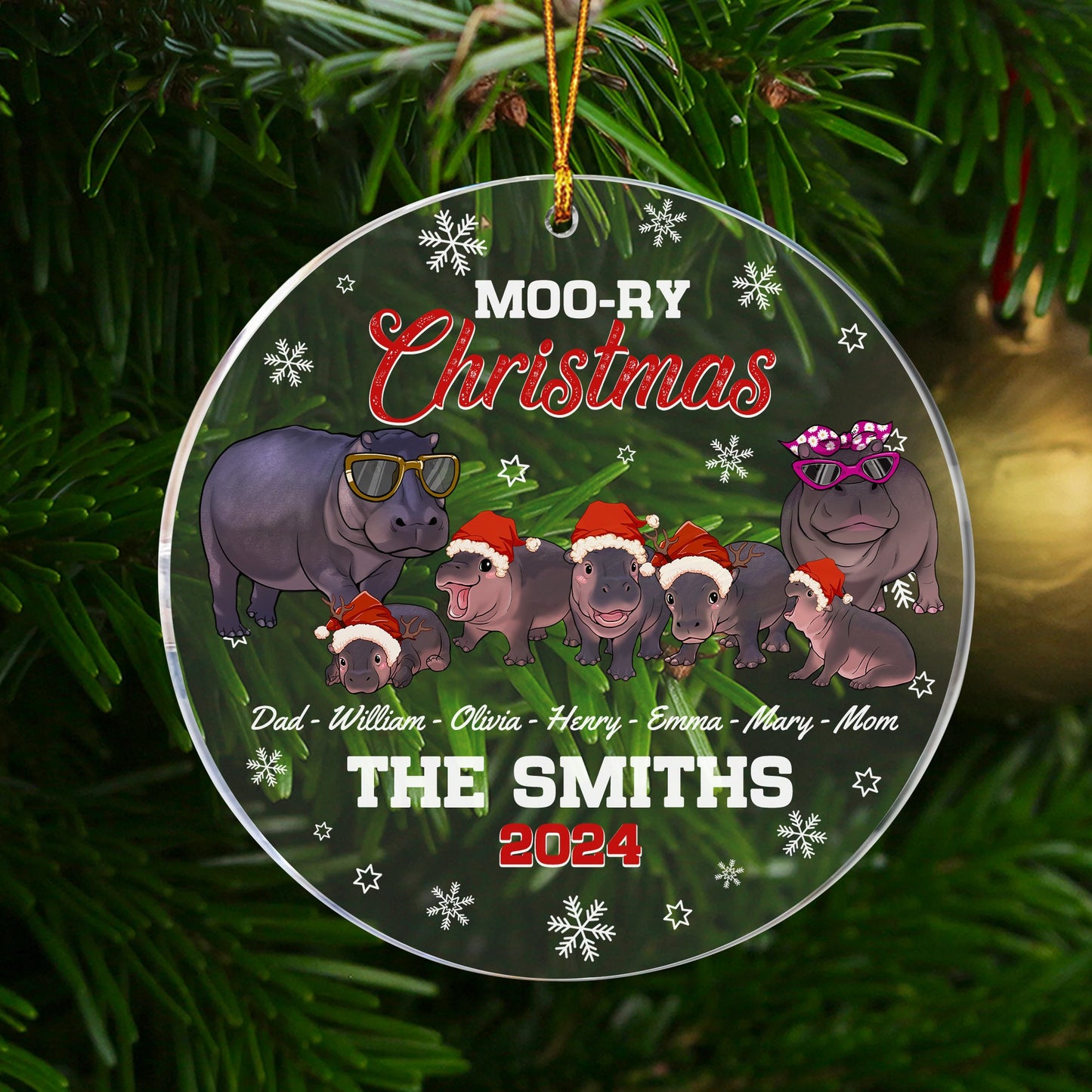 Personalized Hippo Family Christmas, Moo-ry Christmas Hippo Moo Deng Acrylic Ornament