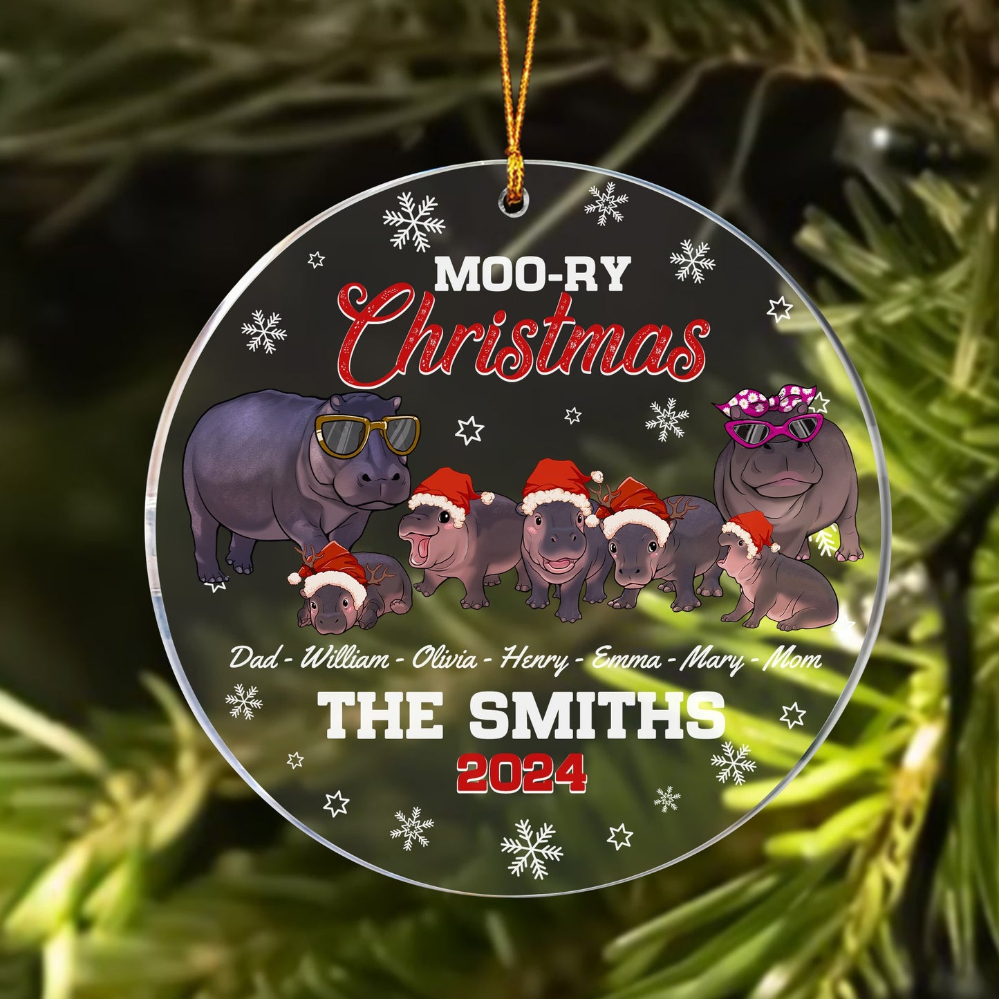 Personalized Hippo Family Christmas, Moo-ry Christmas Hippo Moo Deng Acrylic Ornament