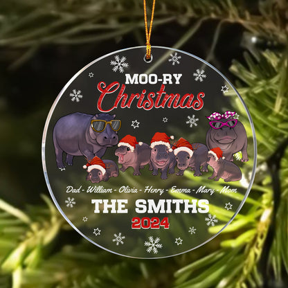 Personalized Hippo Family Christmas, Moo-ry Christmas Hippo Moo Deng Acrylic Ornament