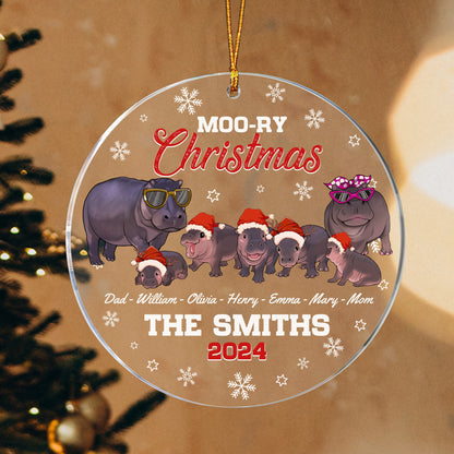 Personalized Hippo Family Christmas, Moo-ry Christmas Hippo Moo Deng Acrylic Ornament