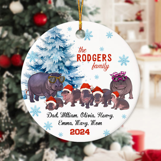 Personalized Hippo Family Christmas, Moo-ry Christmas Hippo Moo Deng Ceramic Ornament