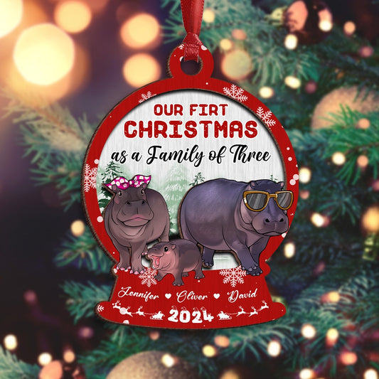 Personalized Hippo Family Our First Christmas As A Family Of Three 2-Layer Wooden Ornament