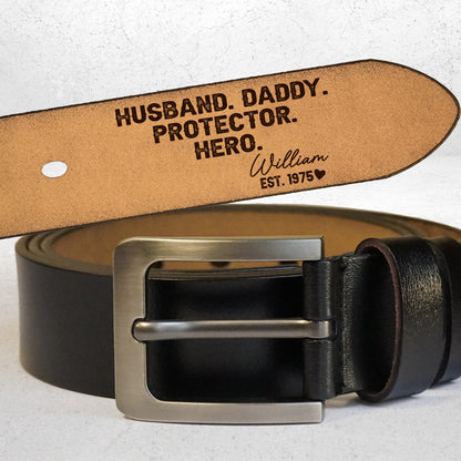 Personalized Husband Daddy Protector Hero Engraved Leather Belt