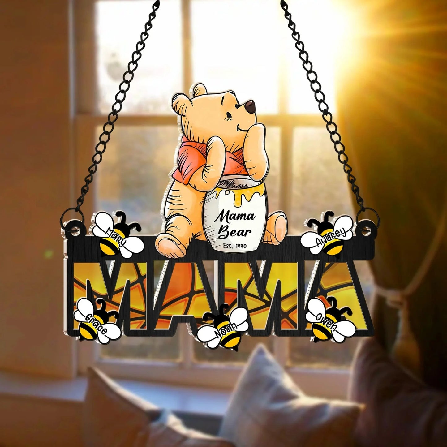 Personalized Mama Bear Honey Bee Family Hanging Suncatcher Ornament