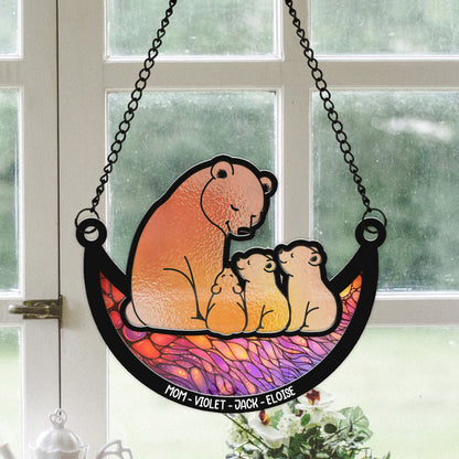 Personalized Mama Bear With Little Bear Kids, Mama Bear With Cubs Hanging Suncatcher Ornament