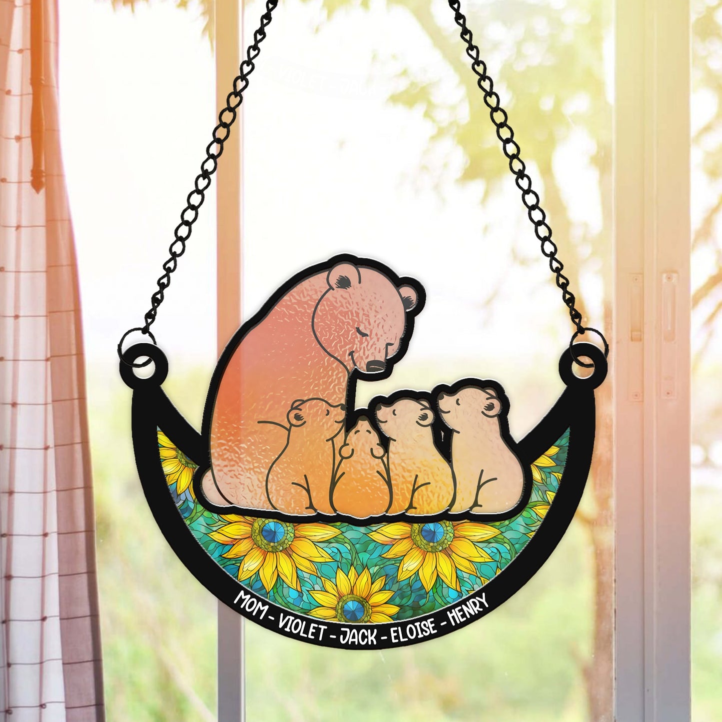 Personalized Mama Bear With Little Bear Kids, Mama Bear With Cubs Hanging Suncatcher Ornament