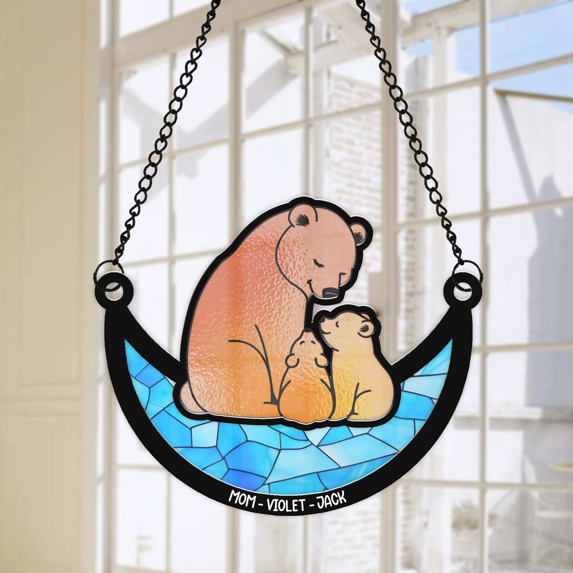 Personalized Mama Bear With Little Bear Kids, Mama Bear With Cubs Hanging Suncatcher Ornament