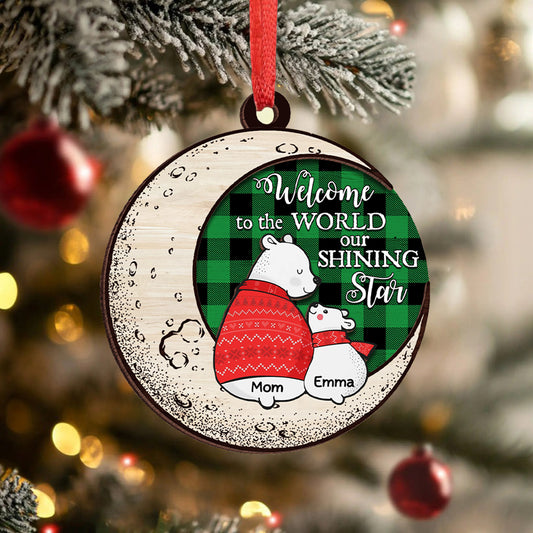 Personalized Mama Bear and Cub Christmas, Welcome To The World Our Shining Star 2-Layer Wooden Ornament