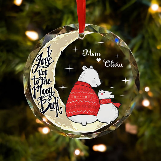 Personalized Mama Bear and Cub I Love You To The Moon And Back Christmas Glass Ornament