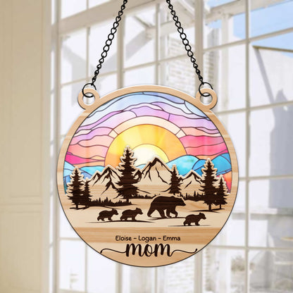 Personalized Mama Bear and Cub Walking through the Forest and Mountains Hanging Suncatcher Ornament