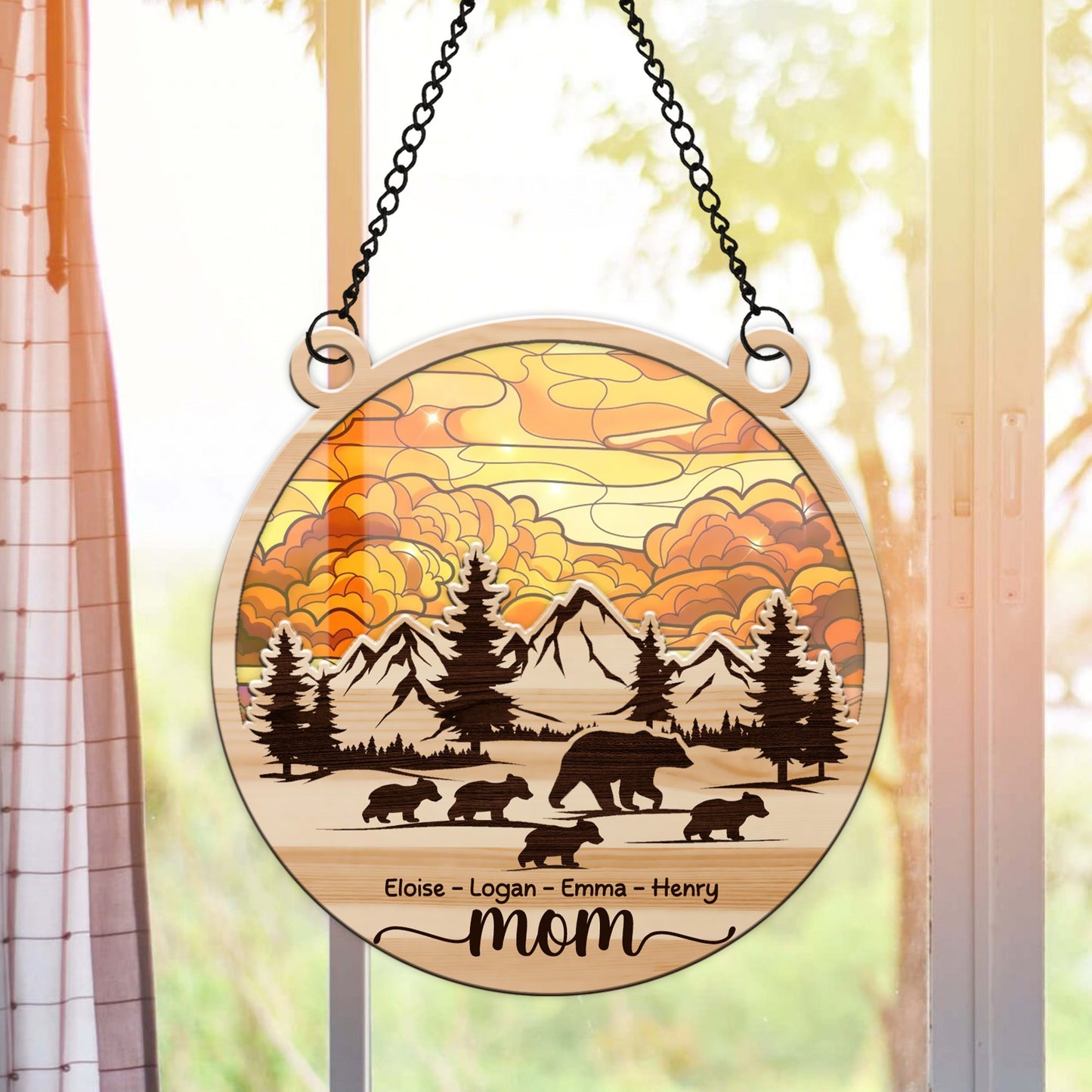 Personalized Mama Bear and Cub Walking through the Forest and Mountains Hanging Suncatcher Ornament