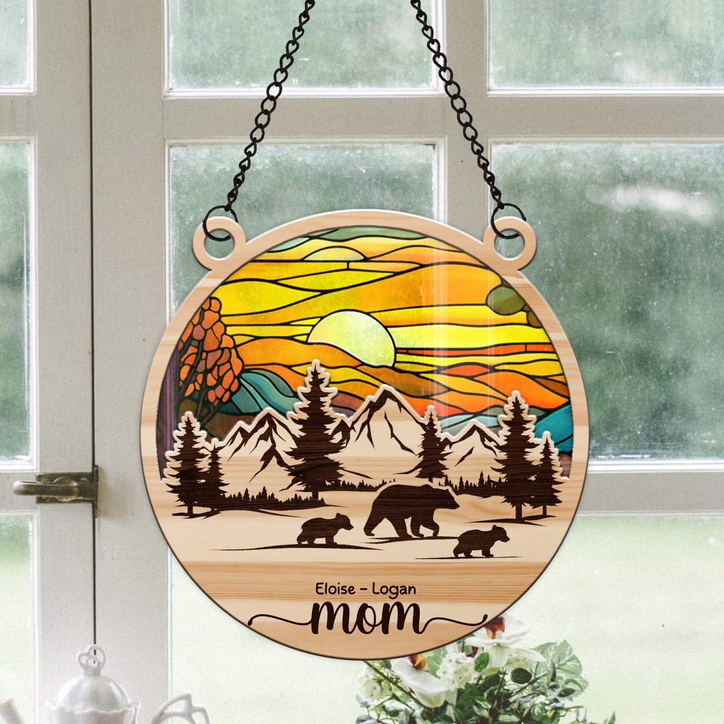 Personalized Mama Bear and Cub Walking through the Forest and Mountains Hanging Suncatcher Ornament