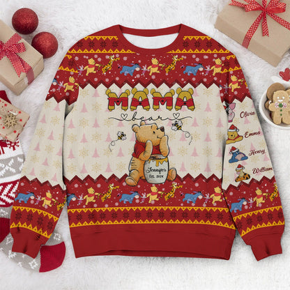 Personalized Mama Honey Bear, Winnie The Pooh Mothers Honeycomb Christmas Ugly Sweatshirt