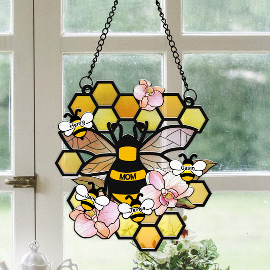 Personalized Mama Honey Bee With Little Kids Mother's Day Hanging Suncatcher Ornament