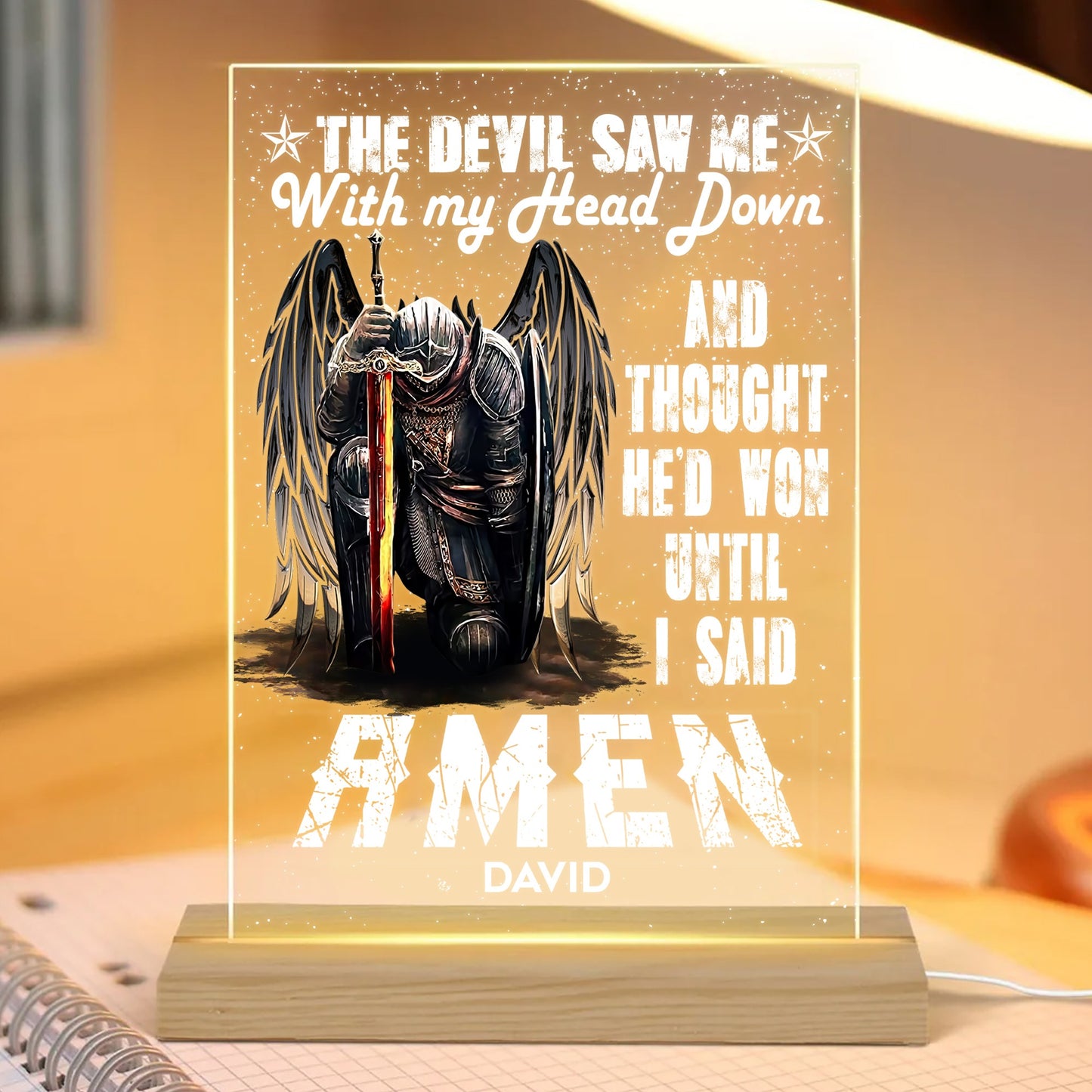 Personalized Man Warrior Of God The Devil Saw Me With My Head Down And Though He Would Won Until I Said Amen Acrylic Plaque LED Light Night