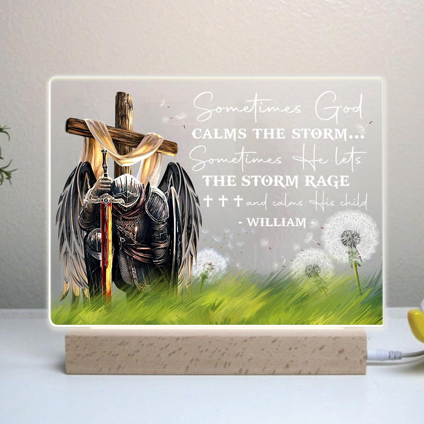 Personalized Man Warrior Sometimes God Calms The Storm Acrylic Plaque LED Light Night