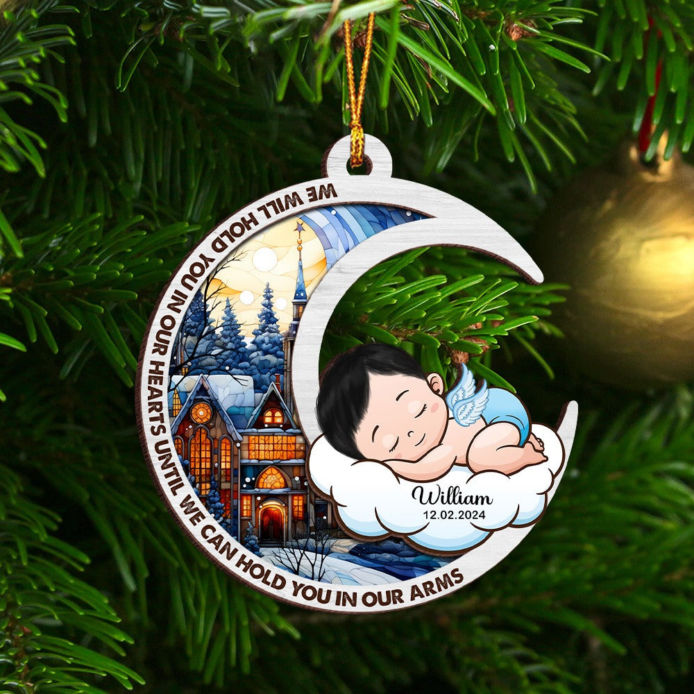 Personalized Memorial Baby Ornament, We Will hold you in our Hearts 2-Layer Wooden Ornament