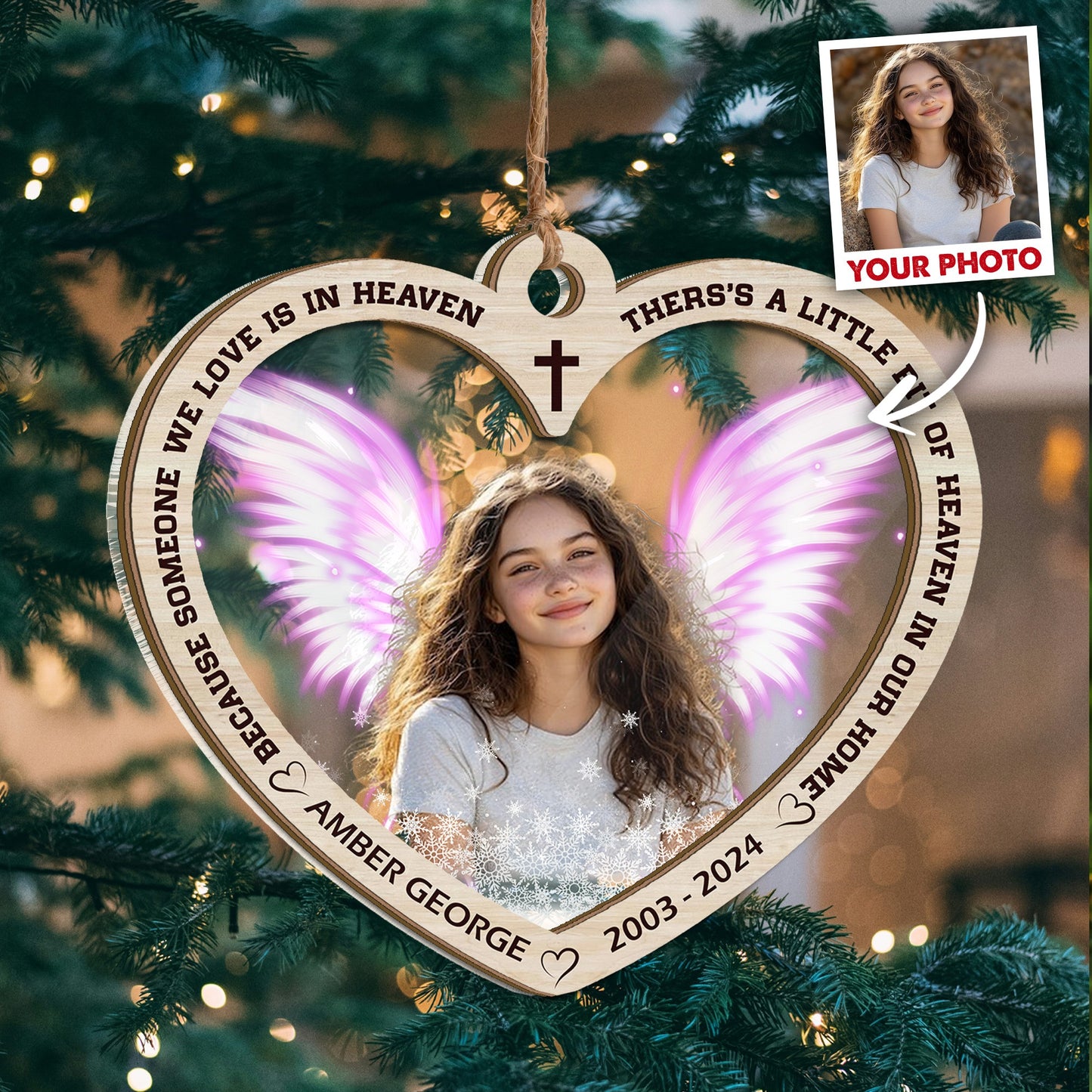 Personalized Memorial Photo Because Someone We Love Is In Heaven 2 Layered Mix Ornament
