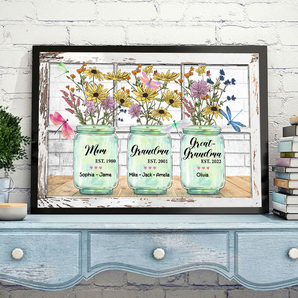 Personalized Mom Grandma And Great Grandma Flower Vase Poster Canvas