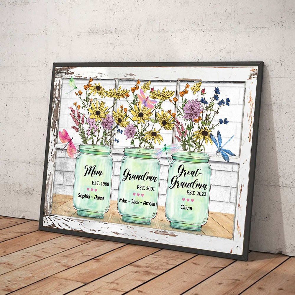 Personalized Mom Grandma And Great Grandma Flower Vase Poster Canvas