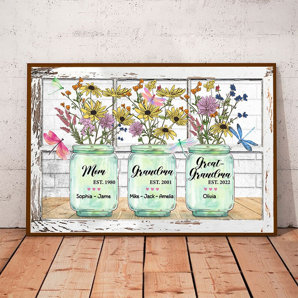 Personalized Mom Grandma And Great Grandma Flower Vase Poster Canvas